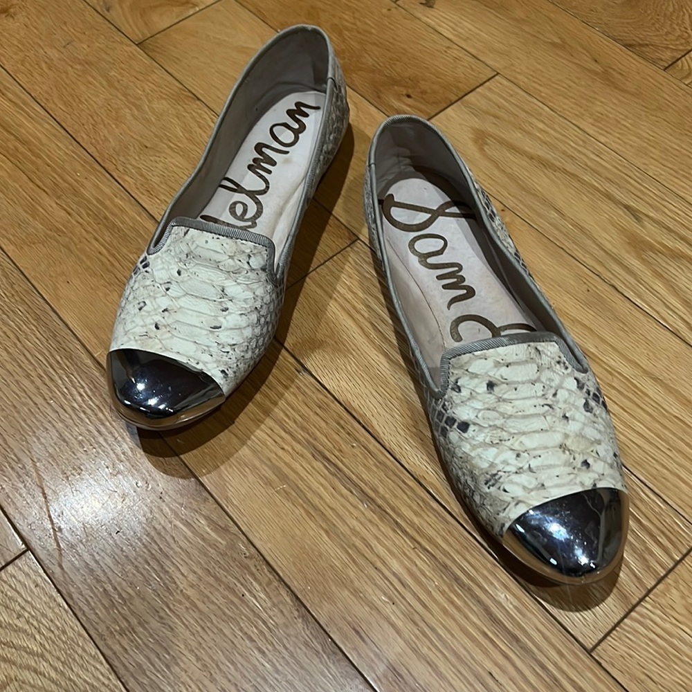 Cream/ snake print, worn, Sam Edelman flats